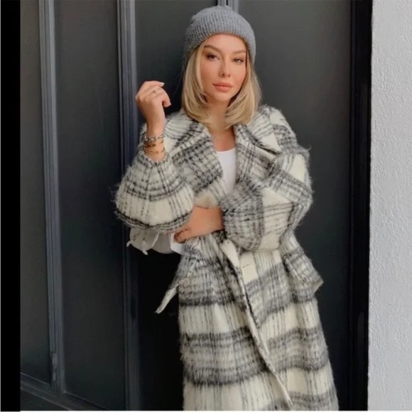 ZARA Black & White Plaid Brushed Wool Oversized Long Wool Coat - Picture 8 of 14
